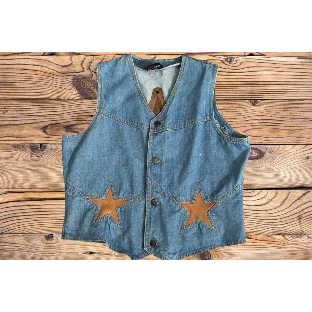 VTG Brittania Denim Vest Suede Like Star Inlay Western Cowgirl L